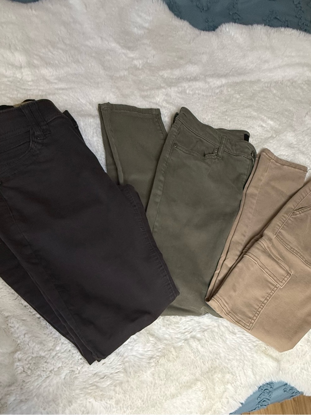 Democracy Skinny Jeans Trio in Chocolate Brown, Olive, and Tan